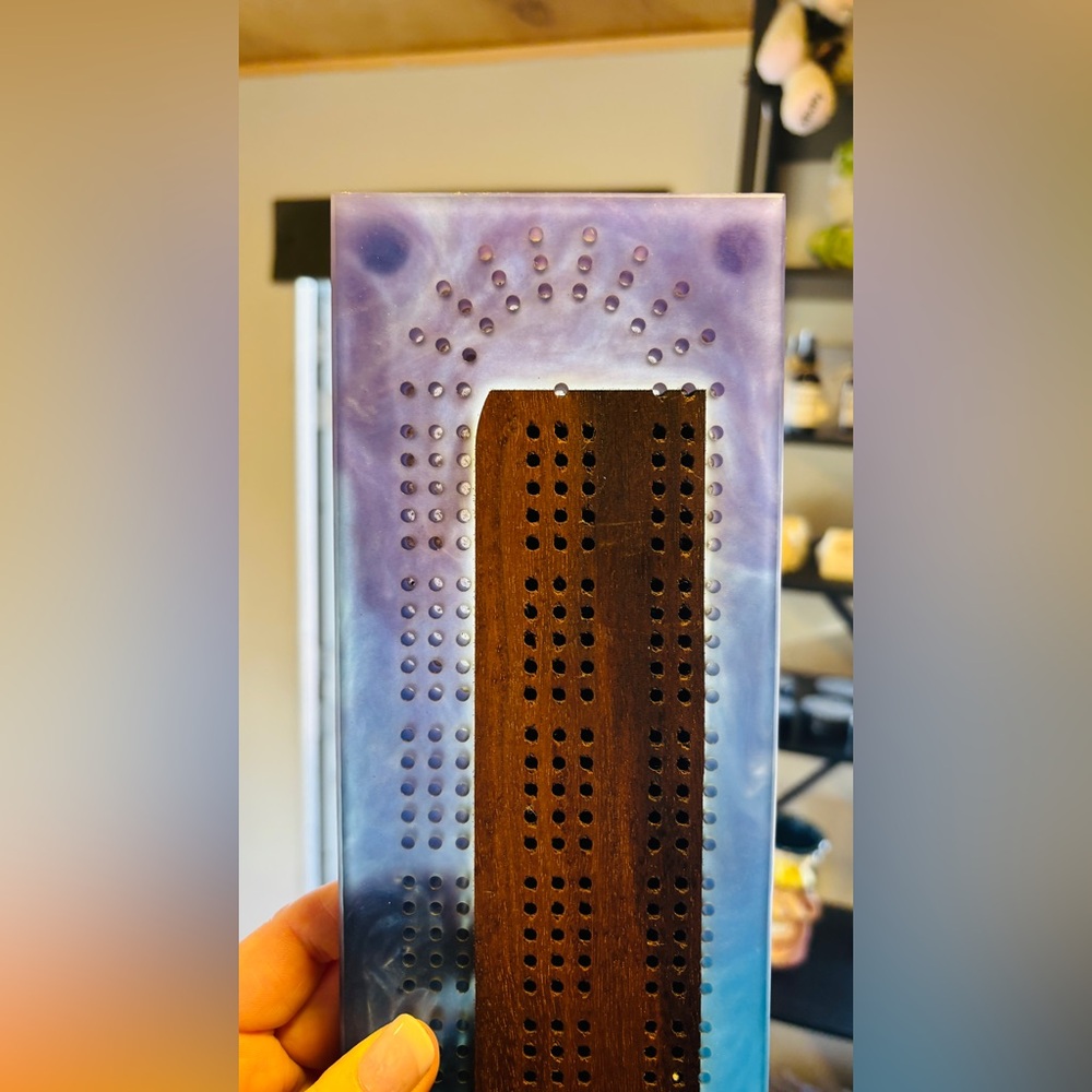 Handmade Wood & Epoxy Cribbage Board w/ Metal Pegs – Artisan Game Board - Picture 3 of 6